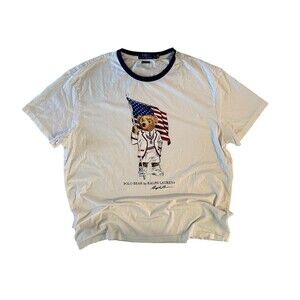 Polo Ralph Lauren Mens American Flag Bear T-Shirt Size XL White Patriotic USA